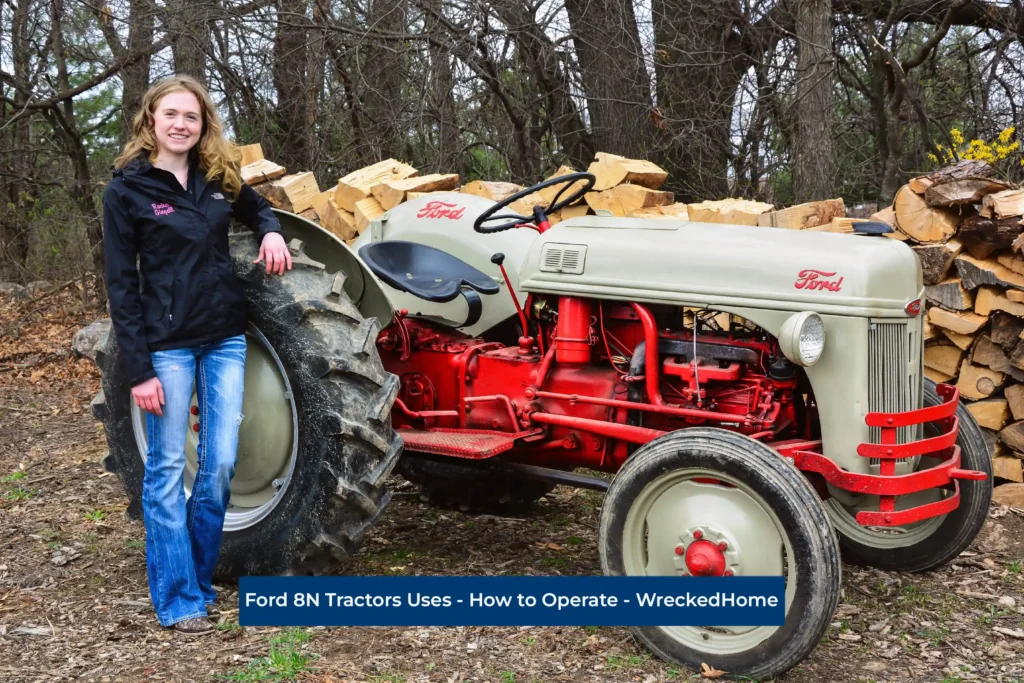 female farmer standing by her Ford 8N tractor