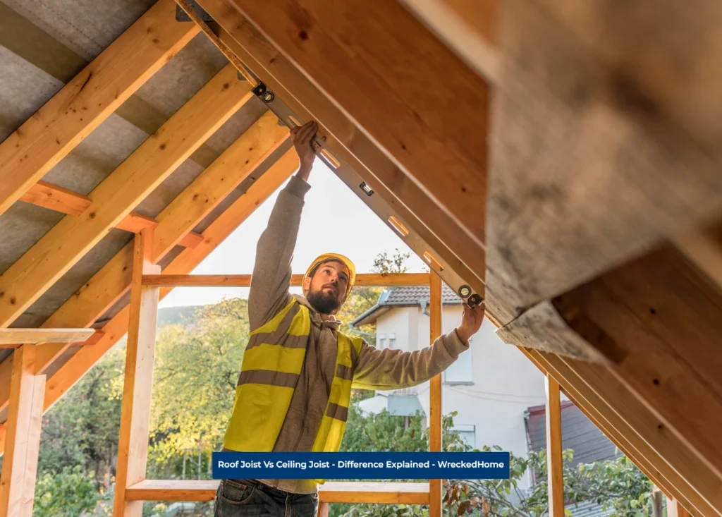 worker measuring Ceiling joints, Construction inside a house