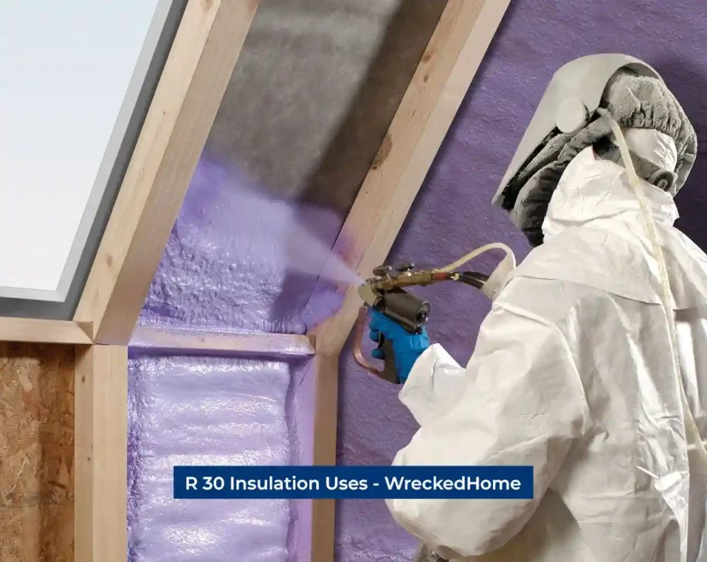 Worker applying spray r 30 insulation