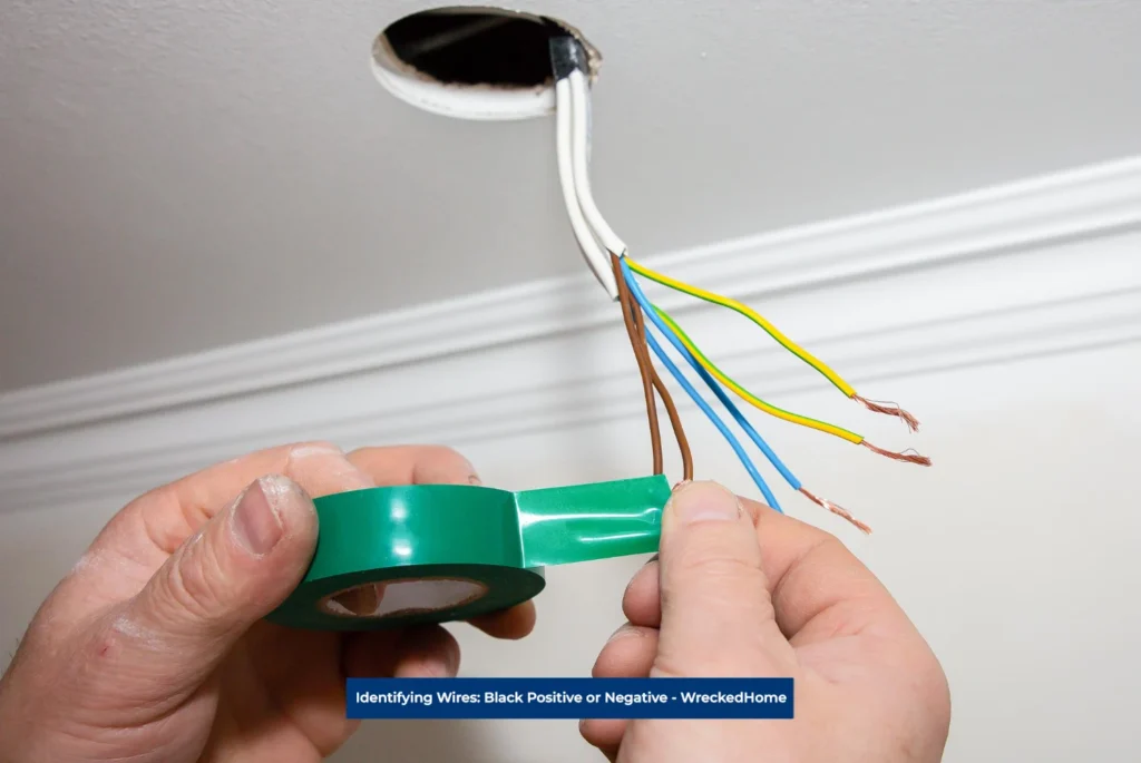 Electrician taping black positive or negative wires