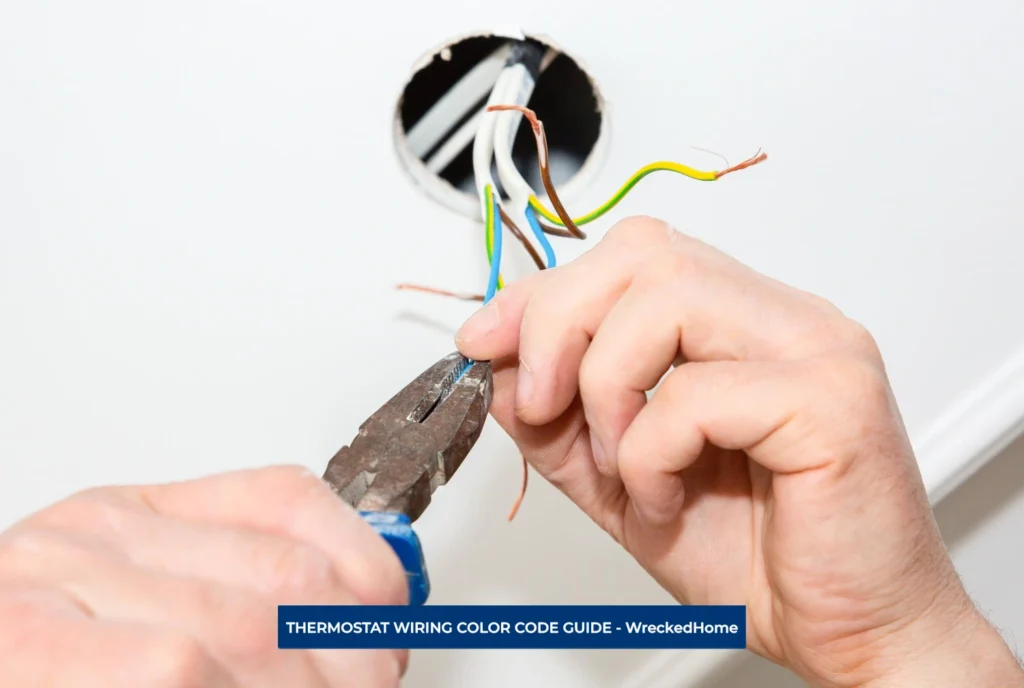 MAN CONFIGURING THERMOSTAT WIRING WITH PLYERS