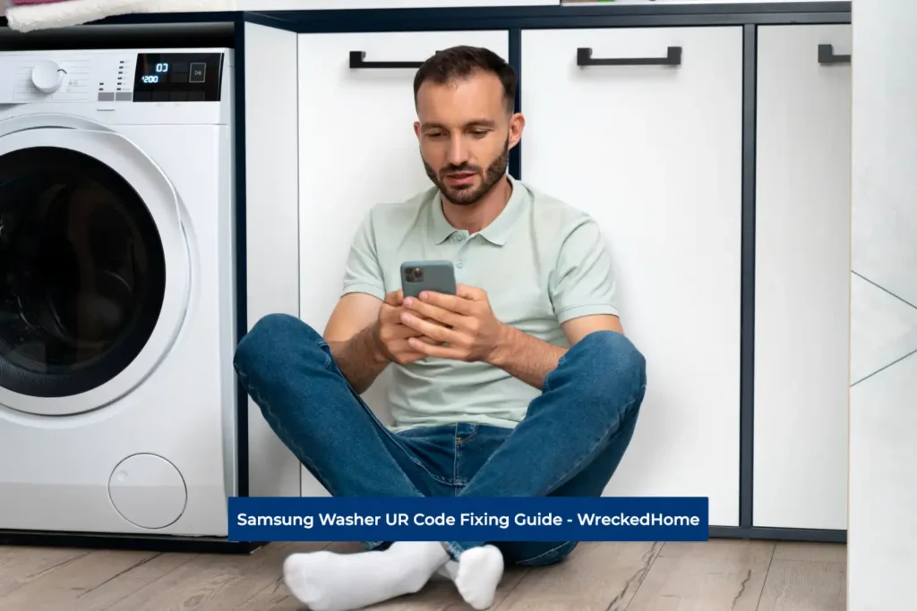 Man sitting besides Washer, looking for a solution to fix the Samsung Washer UR Code