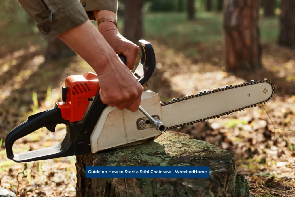 Worker trying to start Stihl Chainsaw