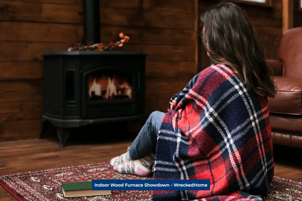 Women sitting in front of an indoor wood furnace