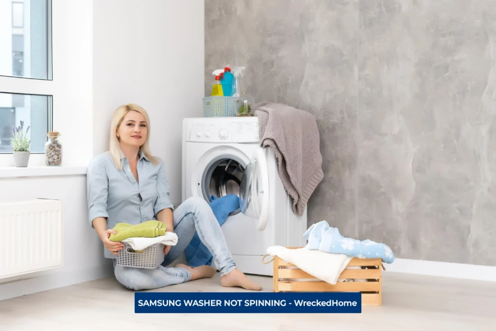 Woman sitting beside her samsung washer