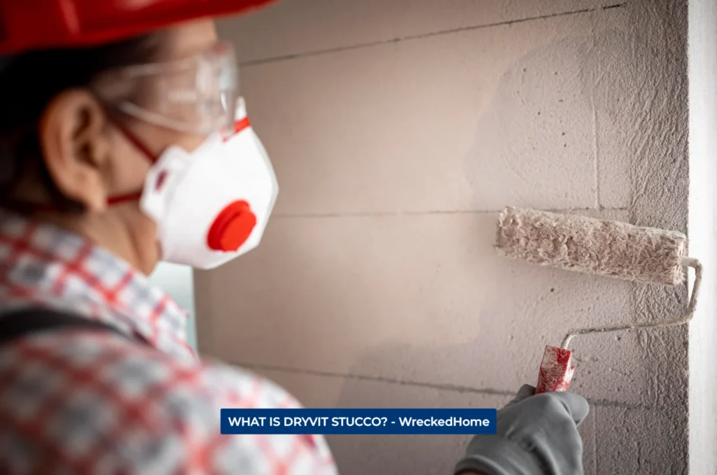 WORKER APPLYING DRYVIT STUCCO LAYER ON A WALL.