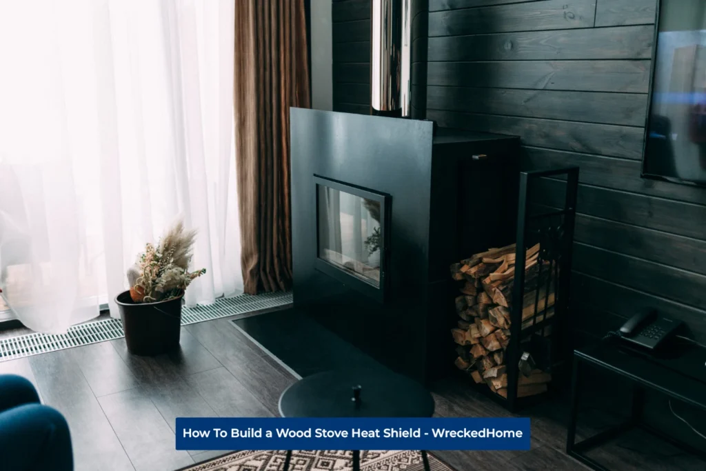 A wood stove with a heat shield inside a house, accompanied by firewood on the side