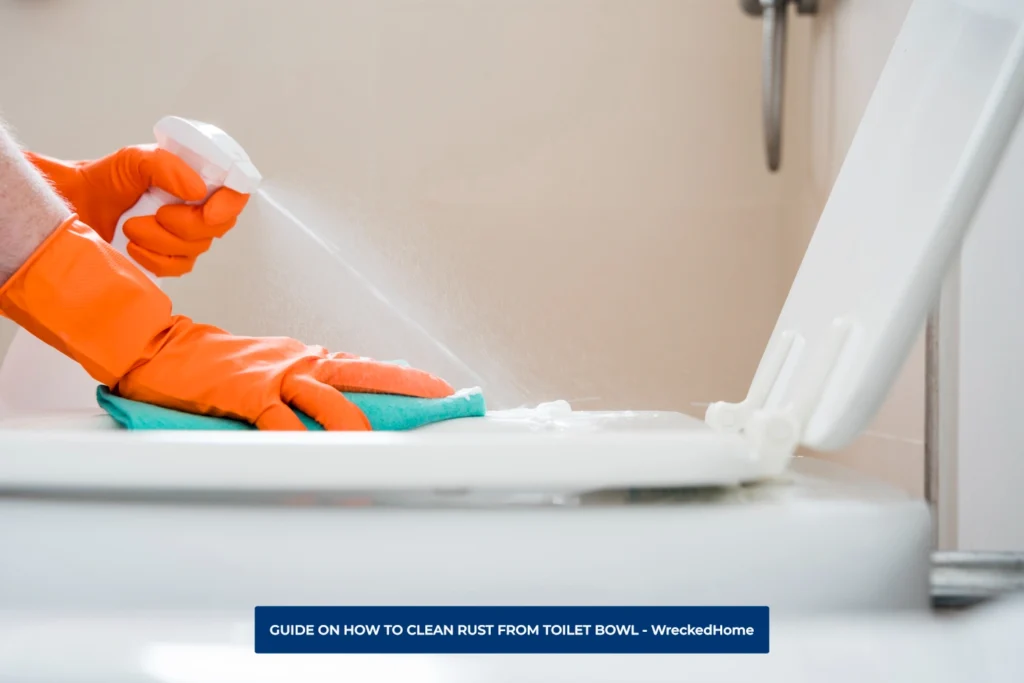 Worker Cleaning Toilet Bowl From Rust. 