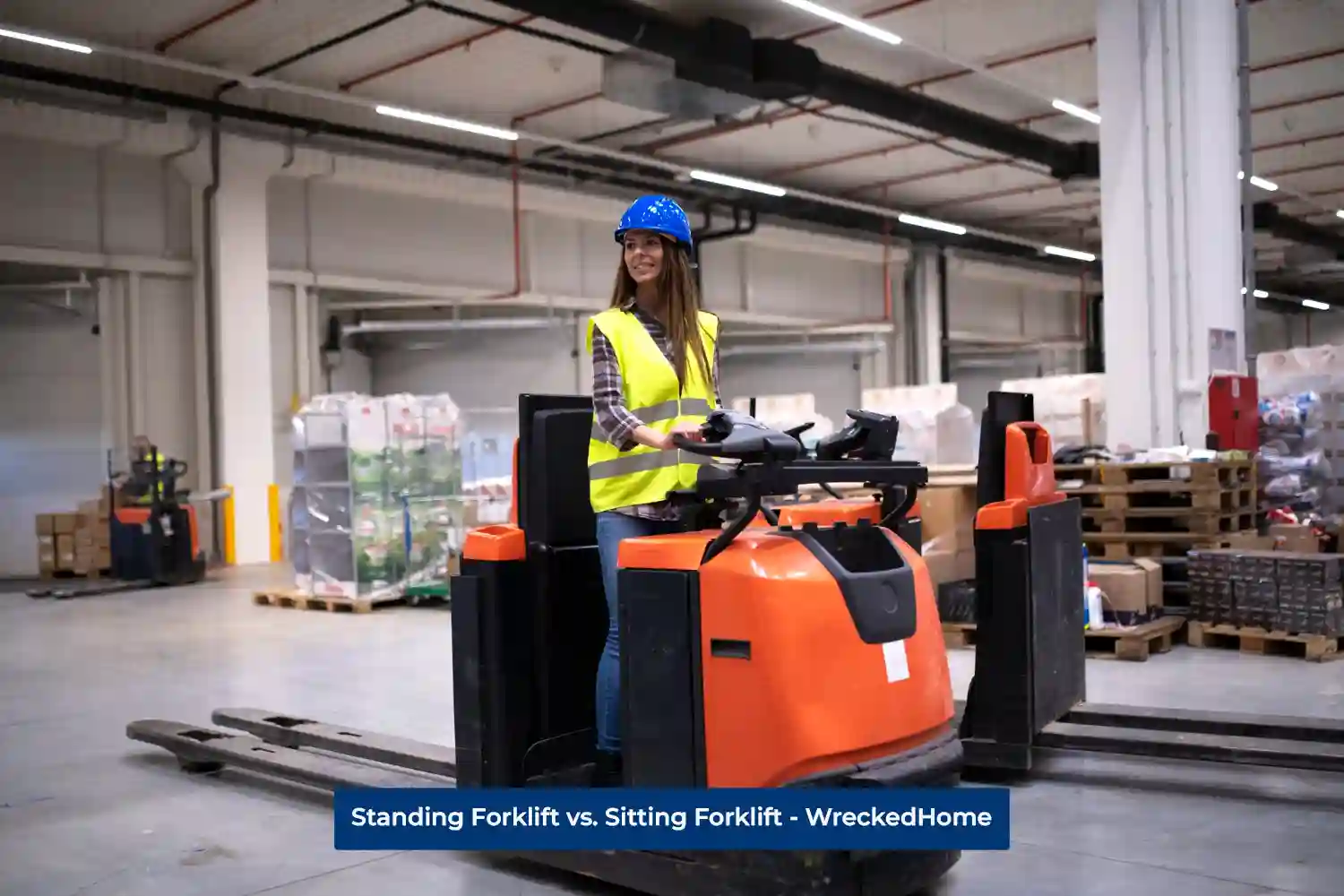 Woman driving Standing Forklift in a factory.