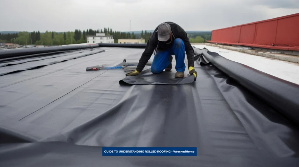WORKER LAYING DOWN ROLLED ROOFING ON TOP OF A ROOF