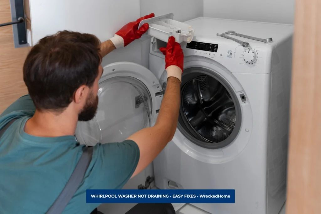 WORKER FIXING WHIRLPOOL WASHER.