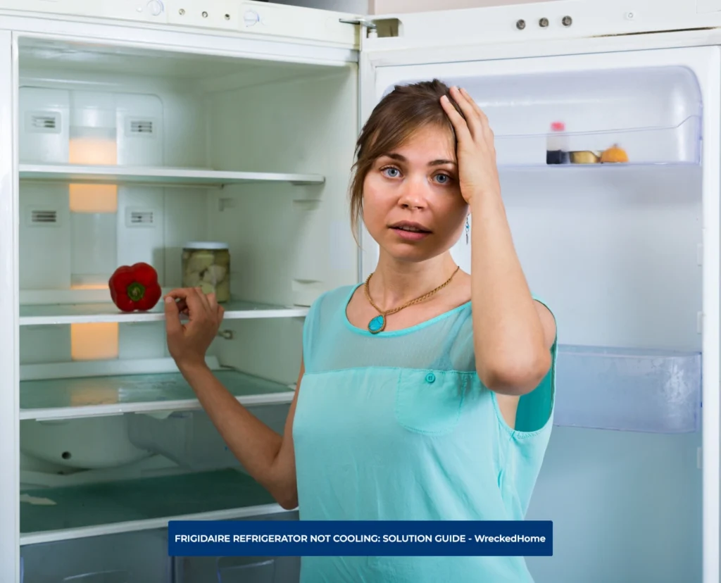 CONFUSED WOMAN STANDING IN FRONT OF FRIGIDAIRE REFRIGERATOR NOT COOLING.