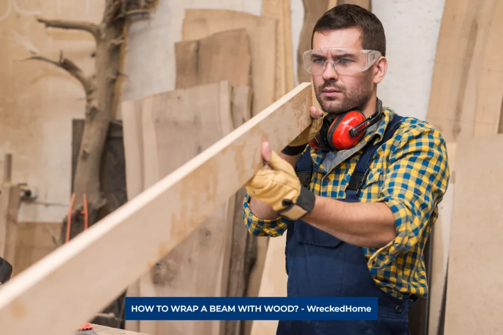 WORKER INSPECTING BEAM, TO WRAP THEM WITH WOOD.