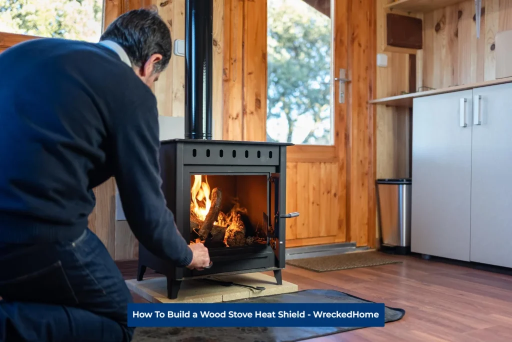 A man is adding wood inside the wood stove.