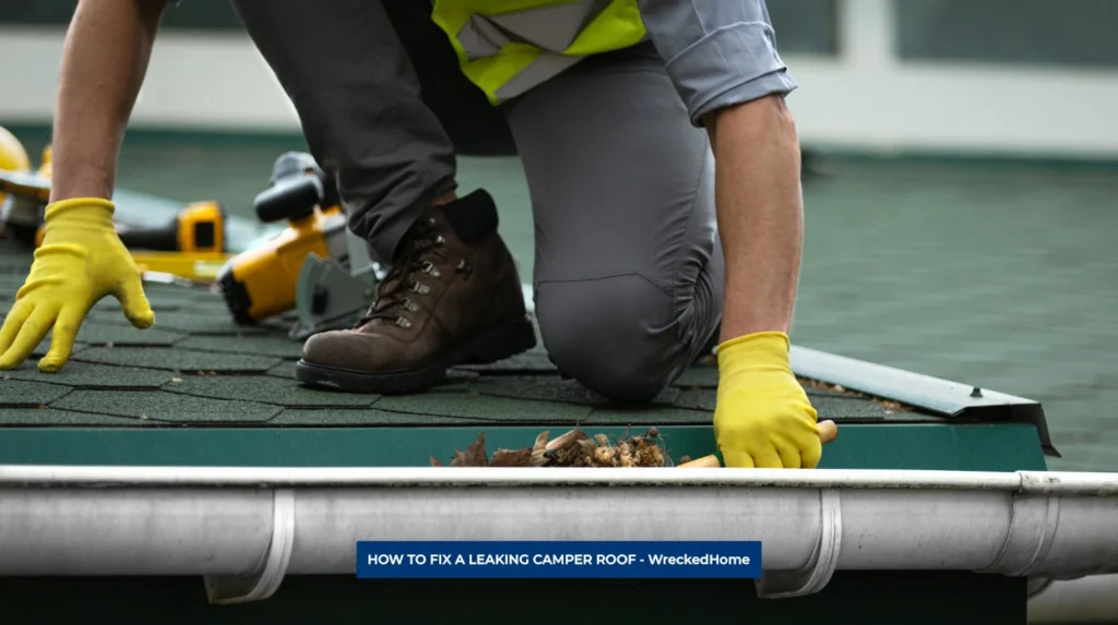 Worker Cleaning RV Roof. (How to fix a leaking camper roof)