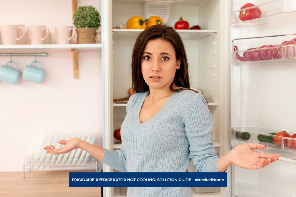 CONFUSED WOMAN STANDING IN FRONT OF FRIGIDAIRE REFRIGERATOR NOT COOLING.