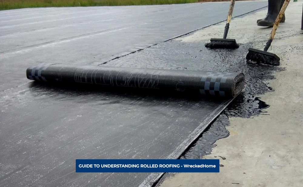 WORKER LAYING DOWN ROLLED ROOFING ON TOP OF A ROOF