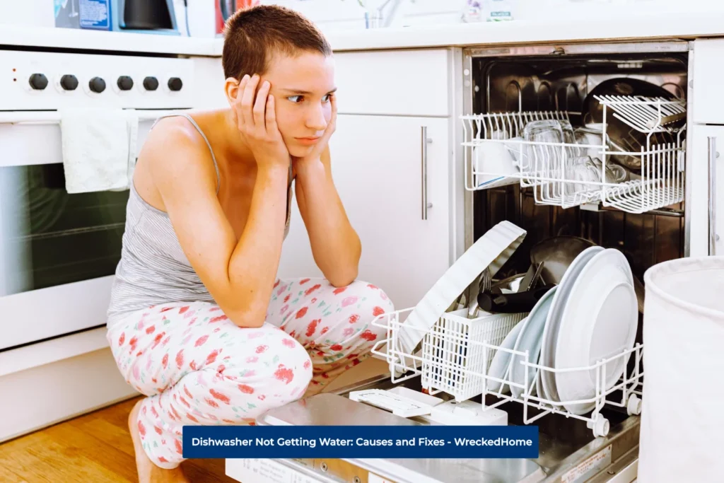 Frustrated Woman Sitting By Dishwasher Not Getting Water, Clogged Filter.