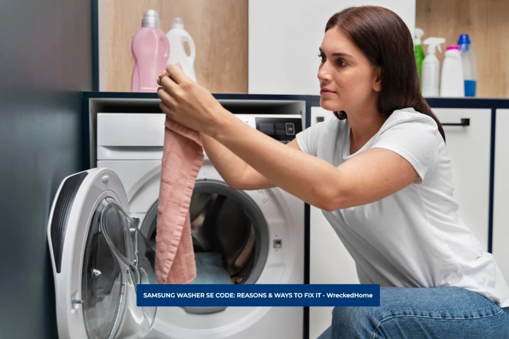 WOMAN CHECKING AND TAKING CLOTHES OUT OF SAMSUNG WASHER.