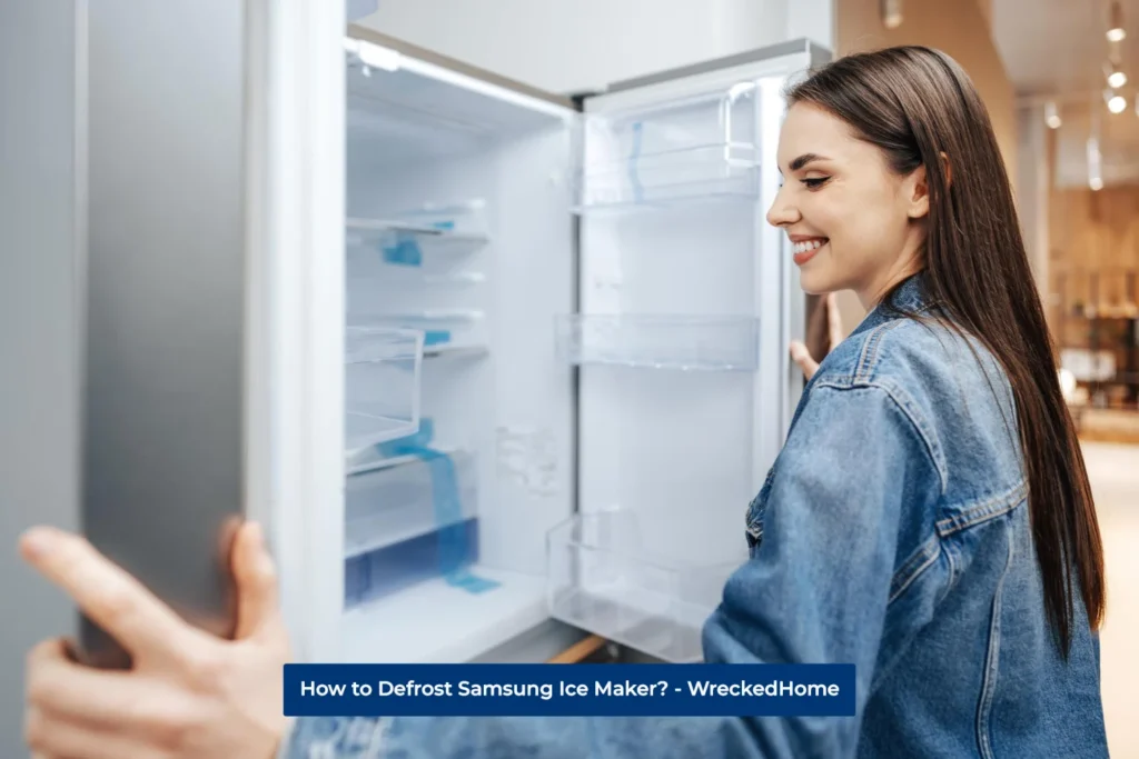 Woman looking inside to defrost Samsung Ice Maker.